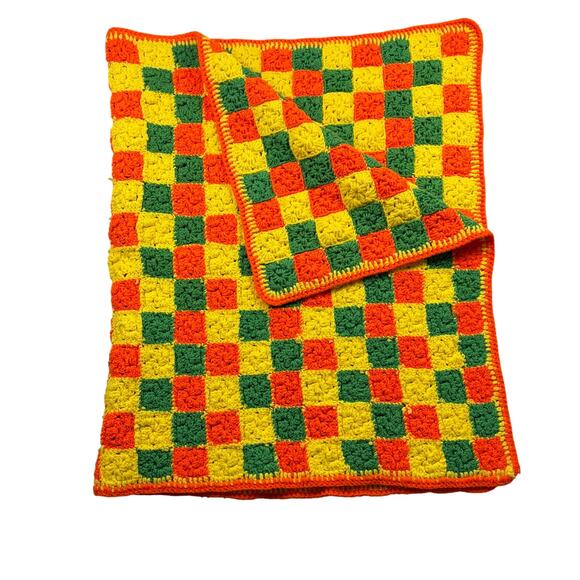 Vintage Other - Vintage MidCentury Crochet Throw Blanket Granny Square Green Orange Yellow